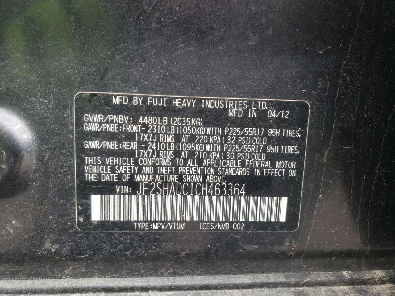 Photo 10 from auction – 2012 SUBARU FORESTER 2 with VIN JF2SHADC1CH463364