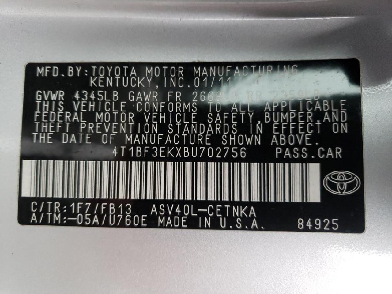 Photo 10 from auction – 2011 TOYOTA CAMRY BASE with VIN 4T1BF3EKXBU702756
