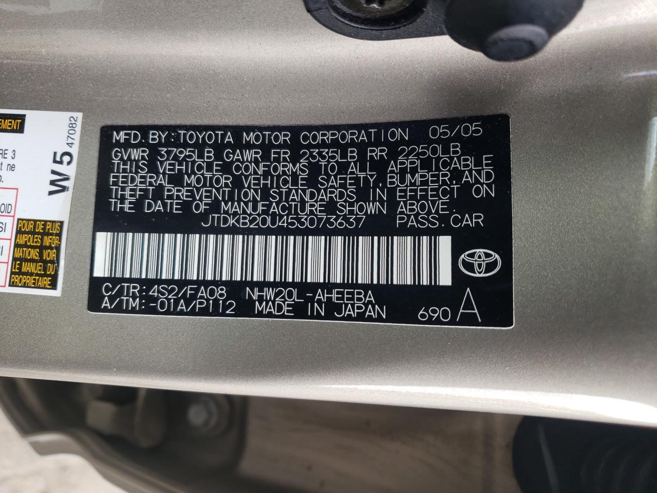 Photo 10 from auction – 2005 TOYOTA PRIUS with VIN JTDKB20U453073637