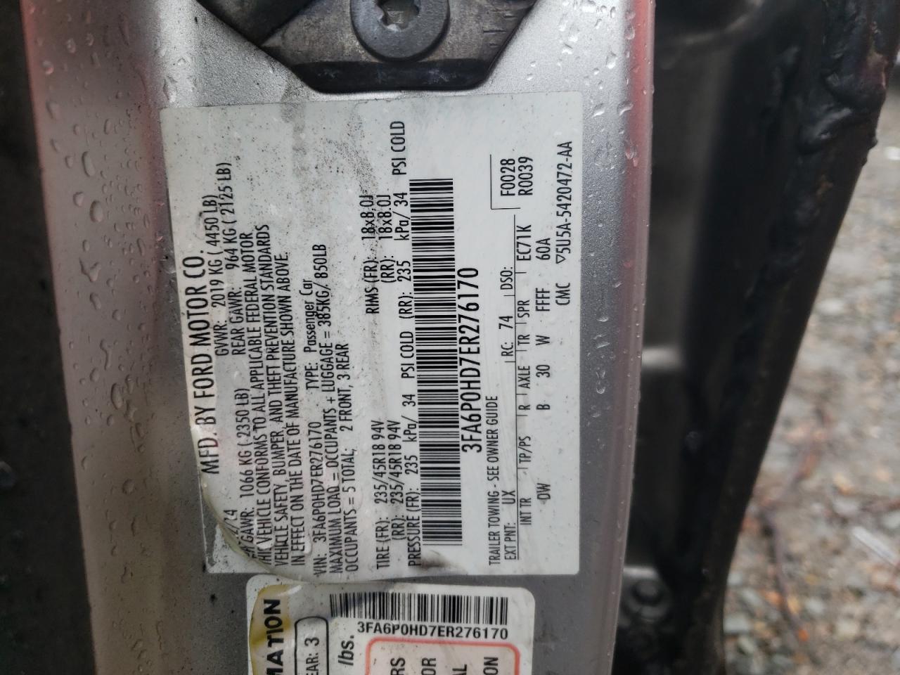 Photo 10 from auction – 2014 FORD FUSION SE with VIN 3FA6P0HD7ER276170