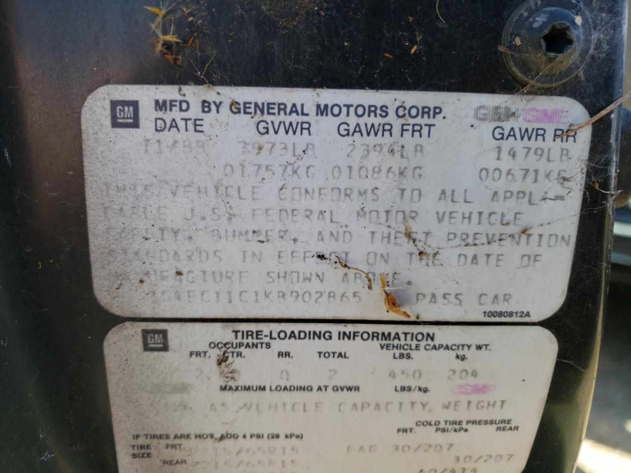 Photo 10 from auction – 1989 BUICK REATTA with VIN 1G4EC11C1KB902865