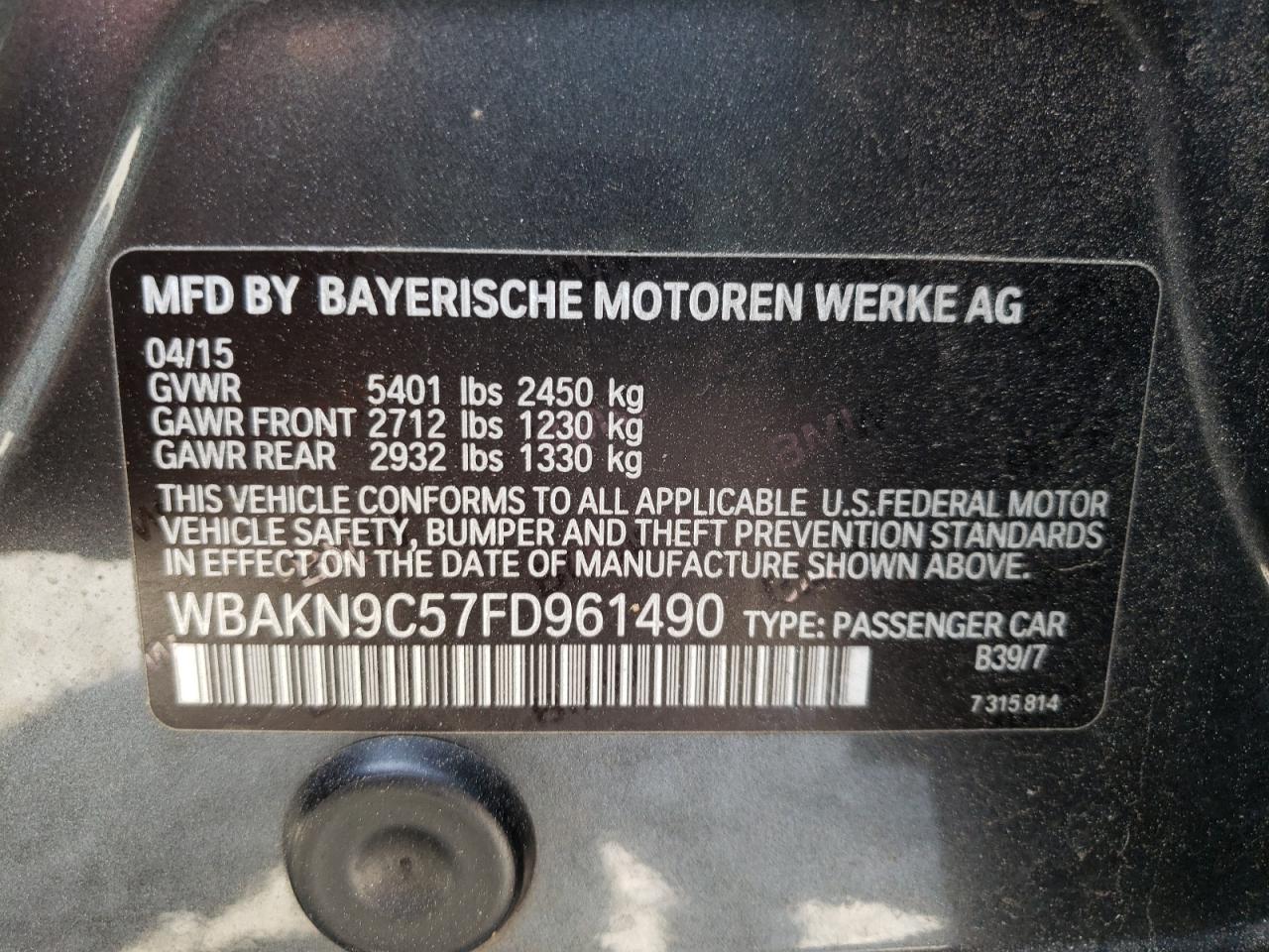 Photo 10 from auction – 2015 BMW 550 I with VIN WBAKN9C57FD961490