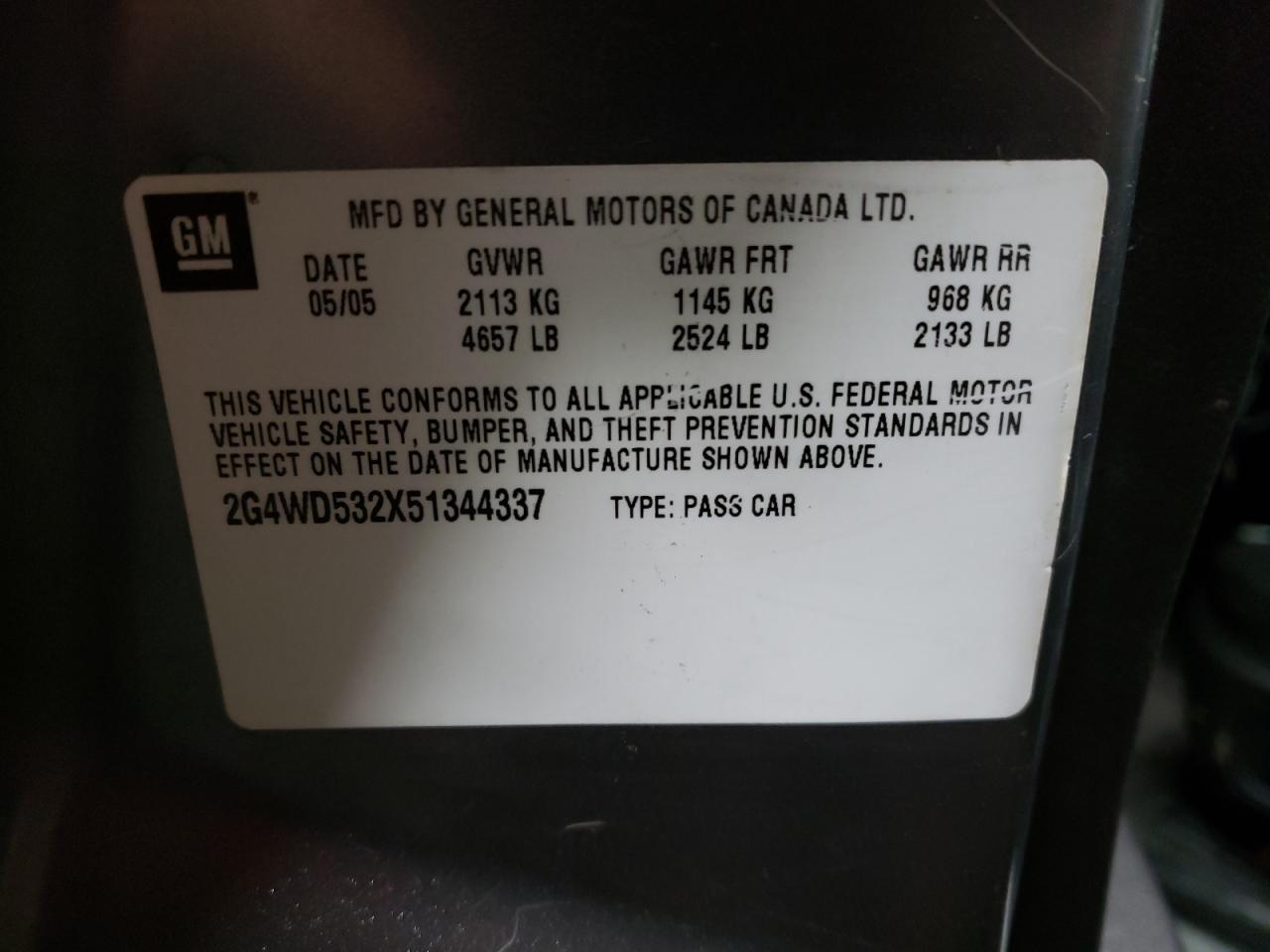 Photo 10 from auction – 2005 BUICK LACROSSE C with VIN 2G4WD532X51344337