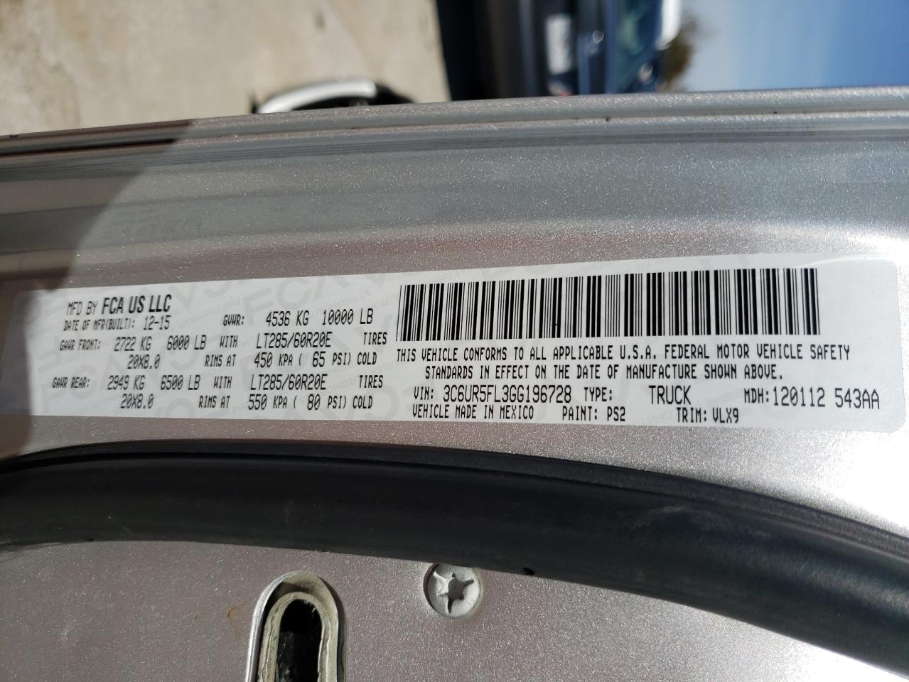 Photo 10 from auction – 2016 RAM 2500 LARAM with VIN 3C6UR5FL3GG196728