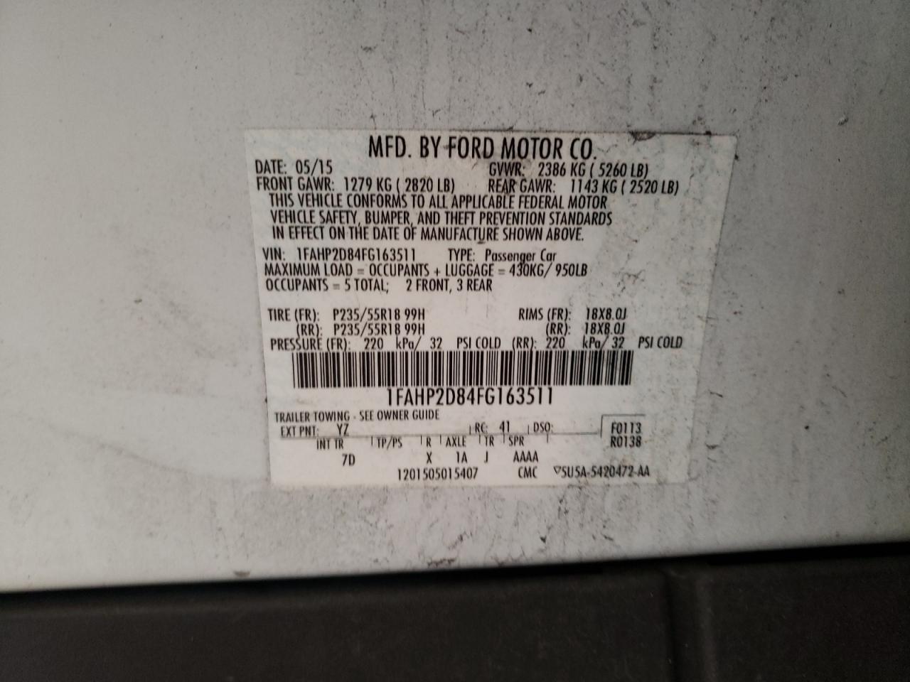 Photo 10 from auction – 2015 FORD TAURUS SE with VIN 1FAHP2D84FG163511