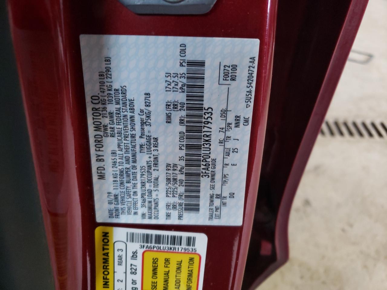 Photo 10 from auction – 2019 FORD FUSION SE with VIN 3FA6P0LU3KR179535