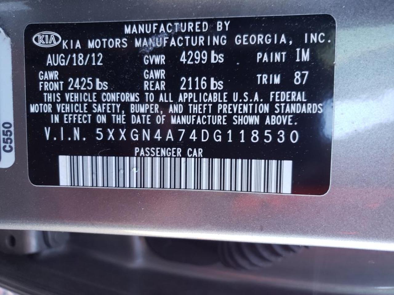 Photo 10 from auction – 2013 KIA OPTIMA EX with VIN 5XXGN4A74DG118530