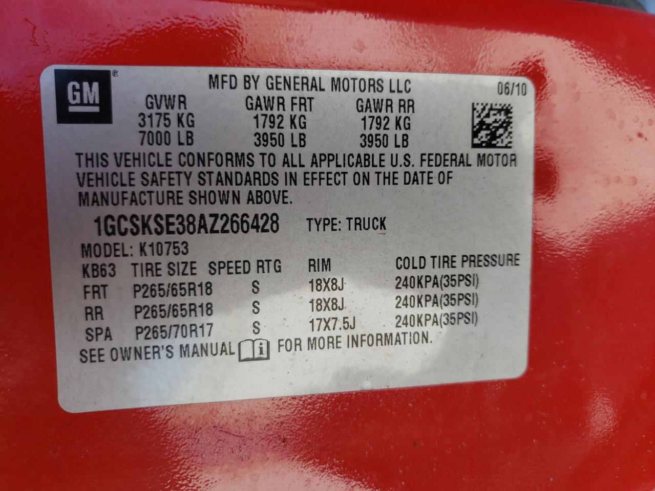 Photo 10 from auction – 2010 CHEVROLET SILVERADO with VIN 1GCSKSE38AZ266428