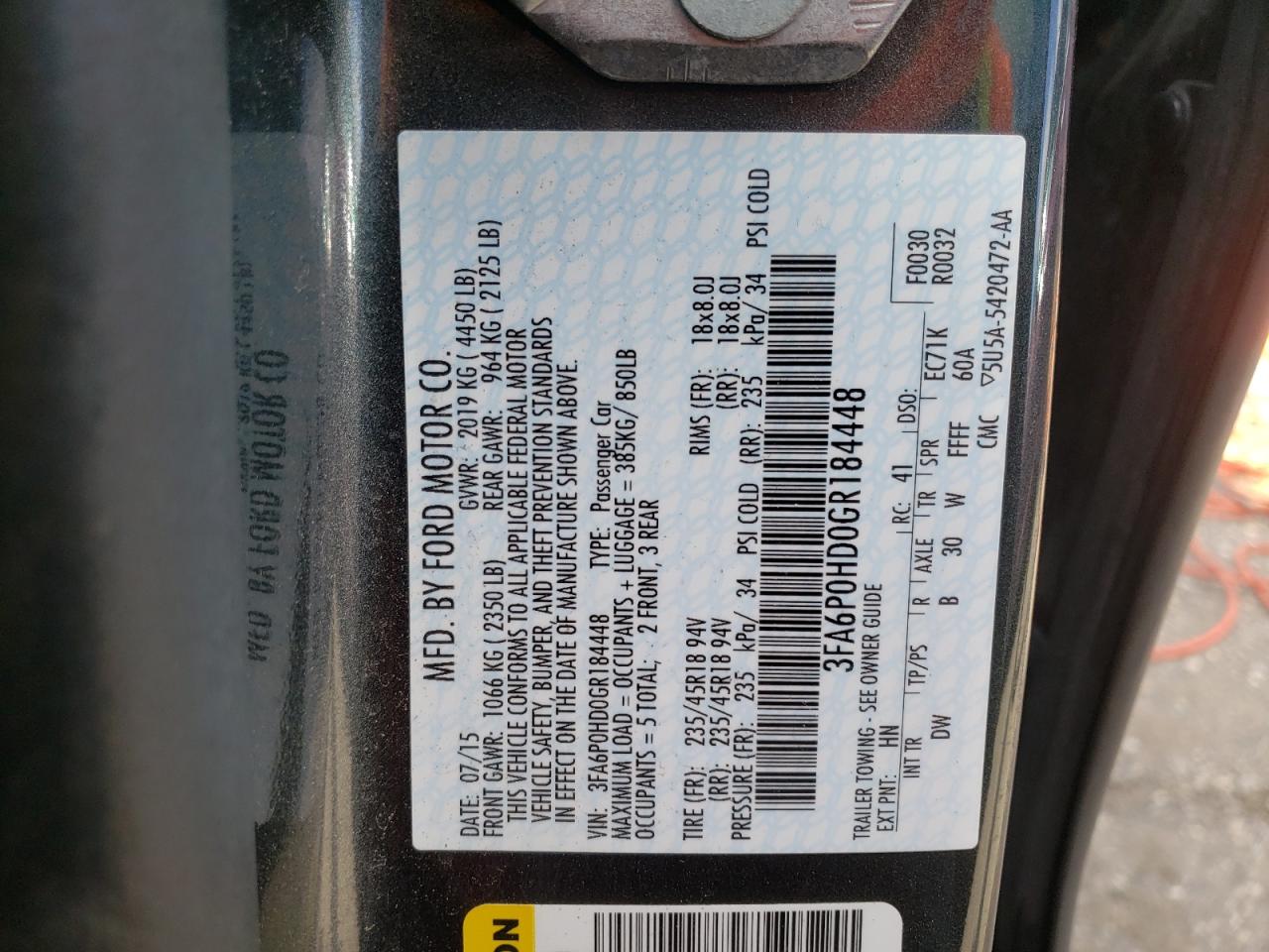 Photo 10 from auction – 2016 FORD FUSION SE with VIN 3FA6P0HD0GR184448
