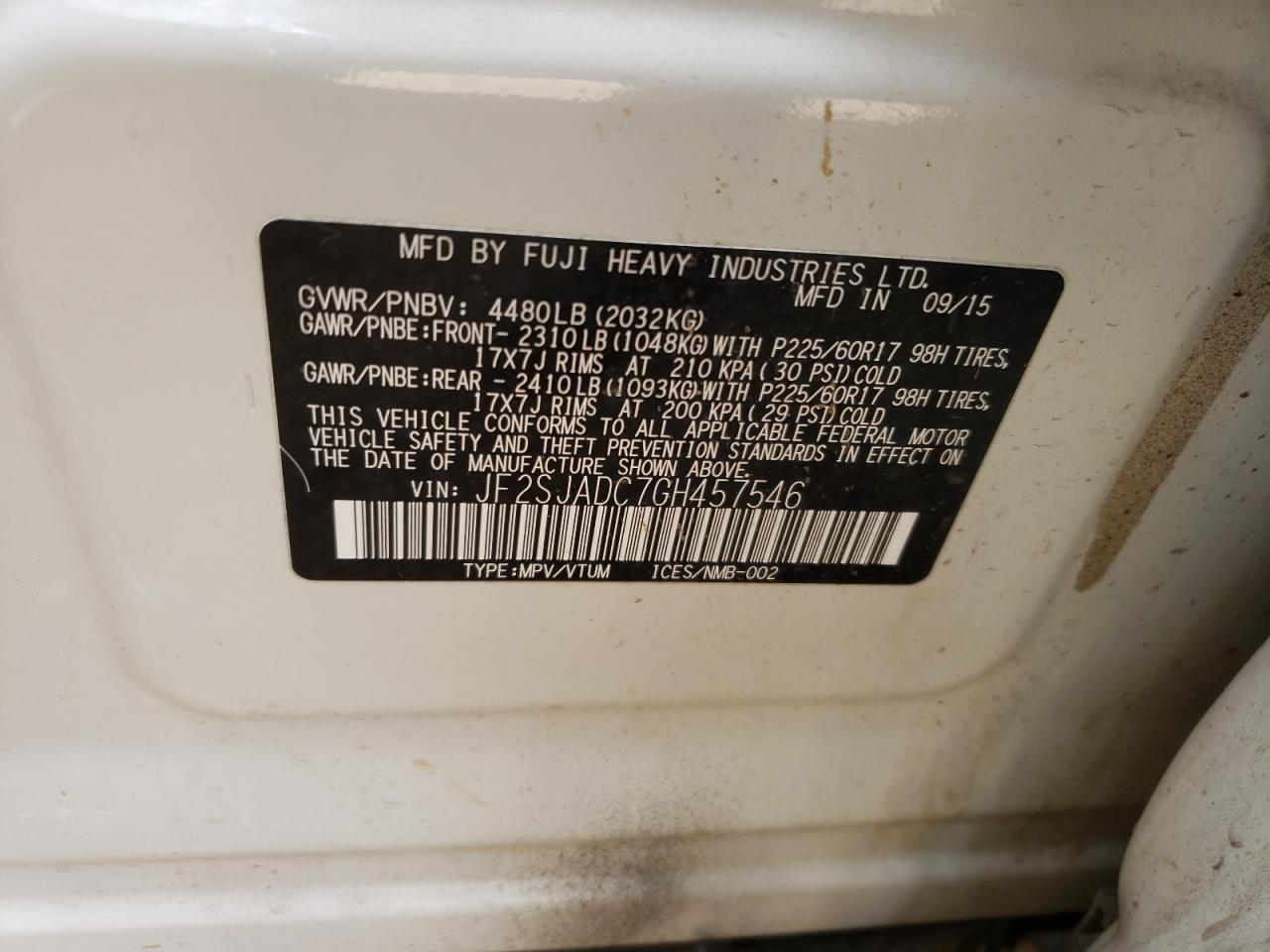 Photo 10 from auction – 2016 SUBARU FORESTER 2 with VIN JF2SJADC7GH457546
