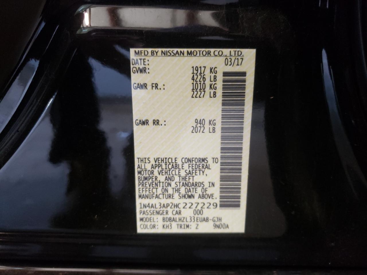 Photo 10 from auction – 2017 NISSAN ALTIMA 2.5 with VIN 1N4AL3AP2HC227229