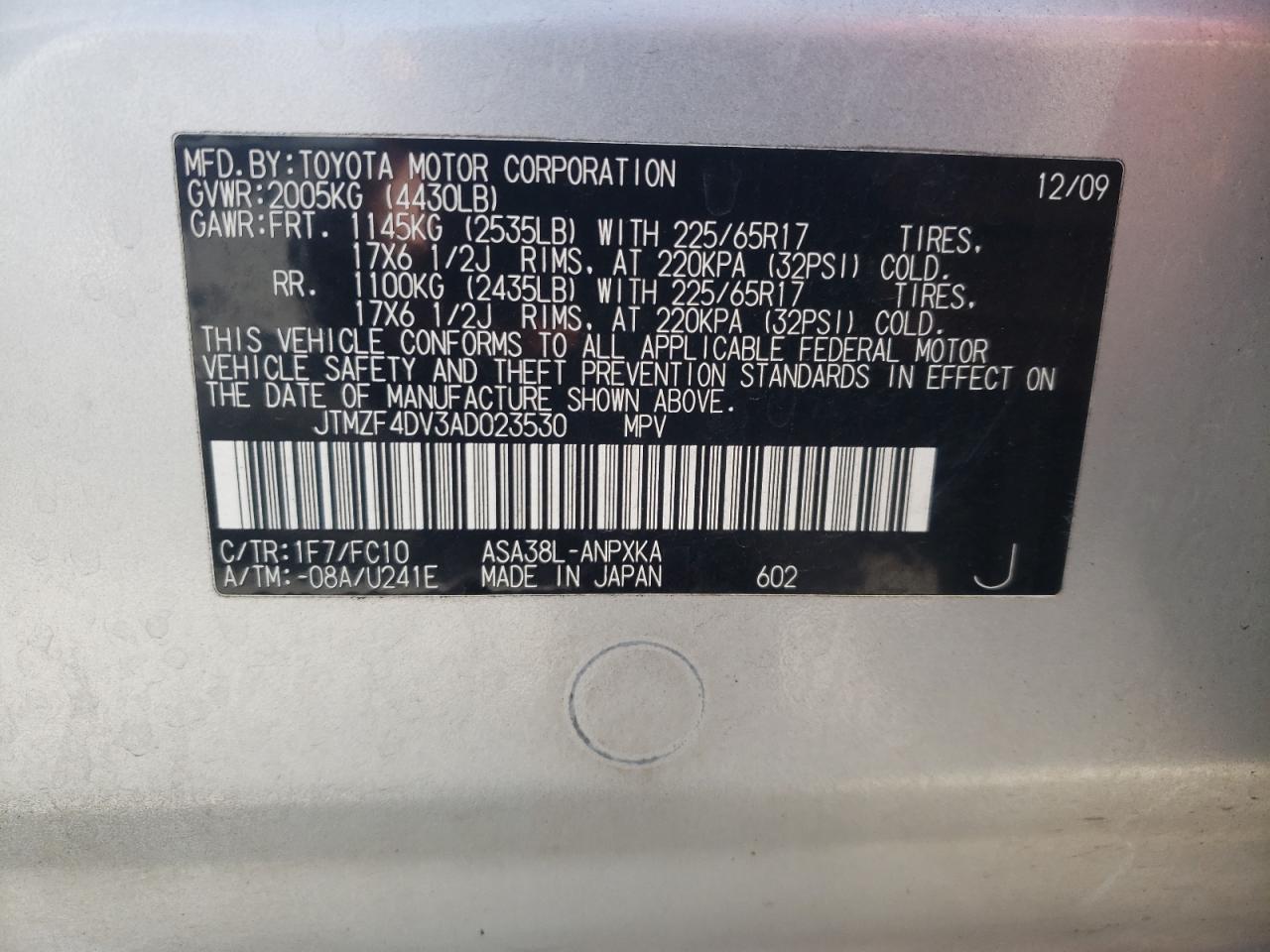 Photo 10 from auction – 2010 TOYOTA RAV4 with VIN JTMZF4DV3AD023530