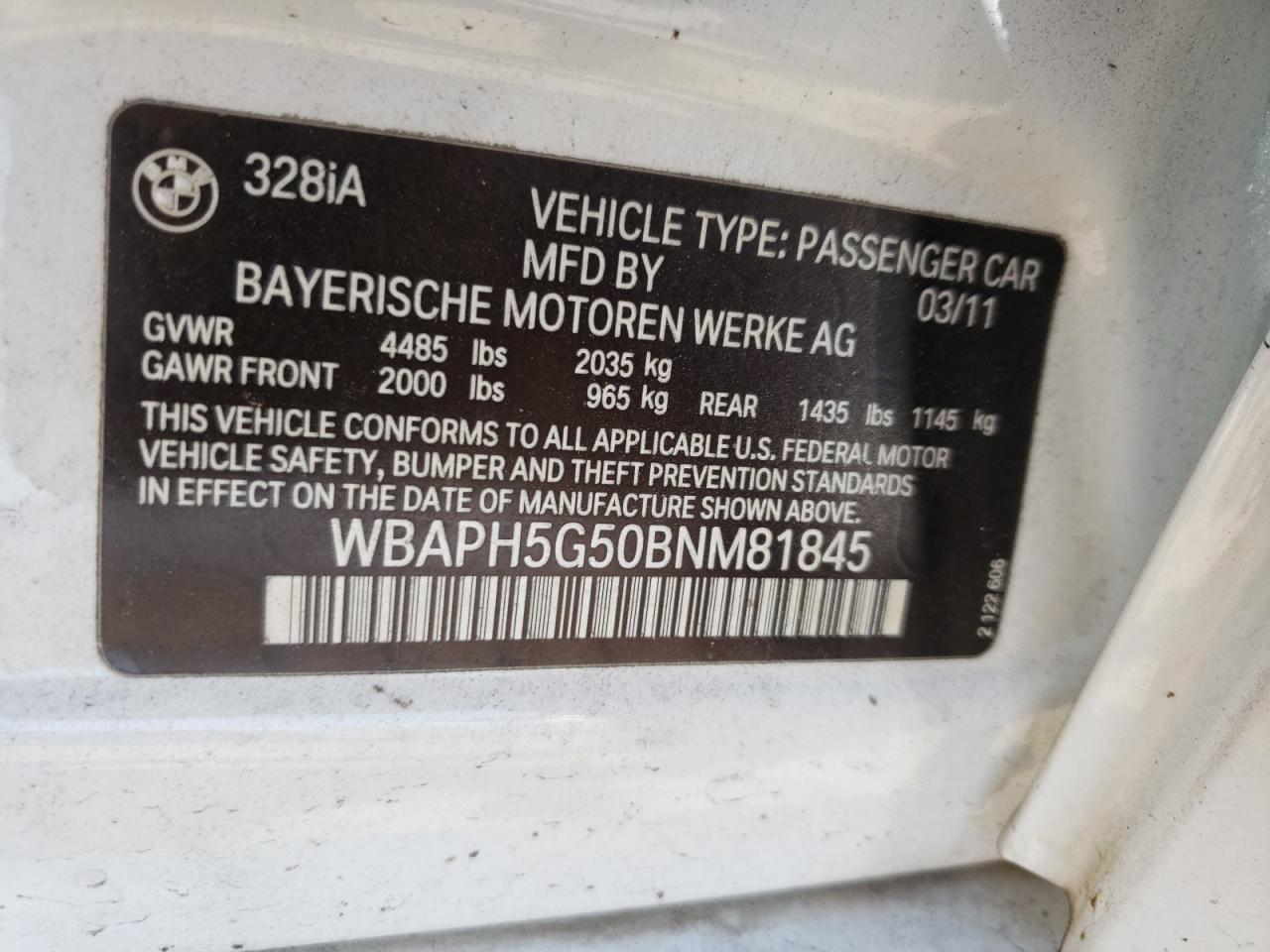 Photo 10 from auction – 2011 BMW 328 I SULE with VIN WBAPH5G50BNM81845