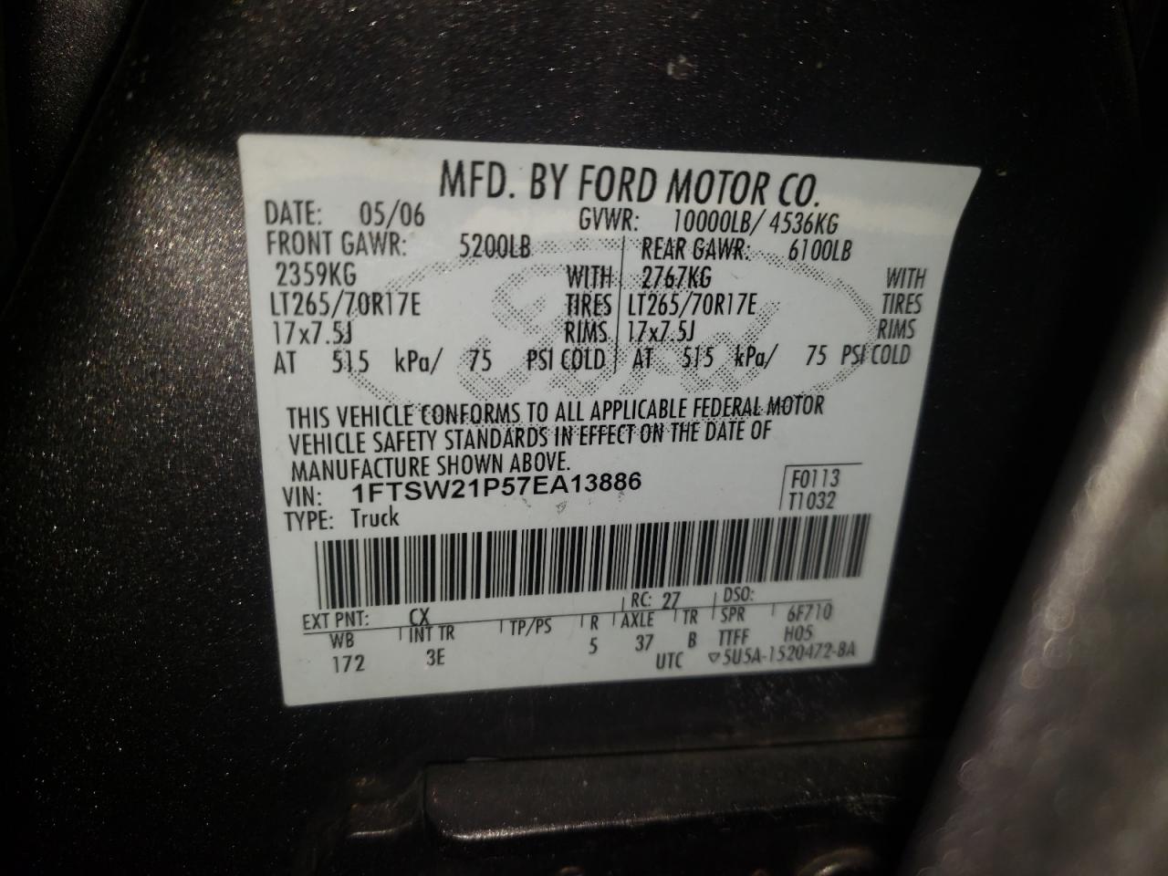 Photo 10 from auction – 2007 FORD F250 SUPER with VIN 1FTSW21P57EA13886