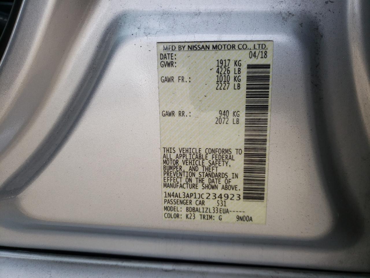 Photo 10 from auction – 2018 NISSAN ALTIMA 2.5 with VIN 1N4AL3AP1JC234923