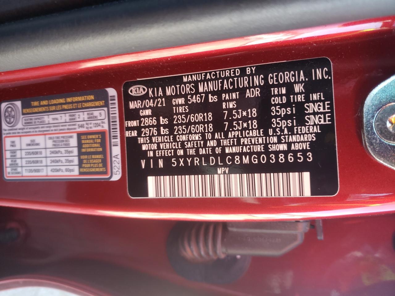 Photo 10 from auction – 2021 KIA SORENTO S with VIN 5XYRLDLC8MG038653