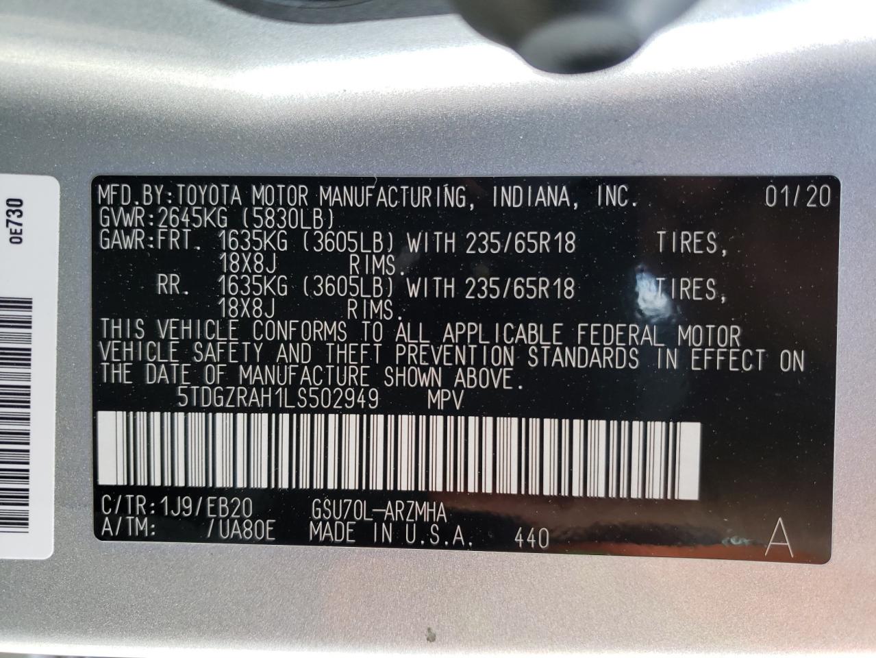 Photo 10 from auction – 2020 TOYOTA HIGHLANDER with VIN 5TDGZRAH1LS502949