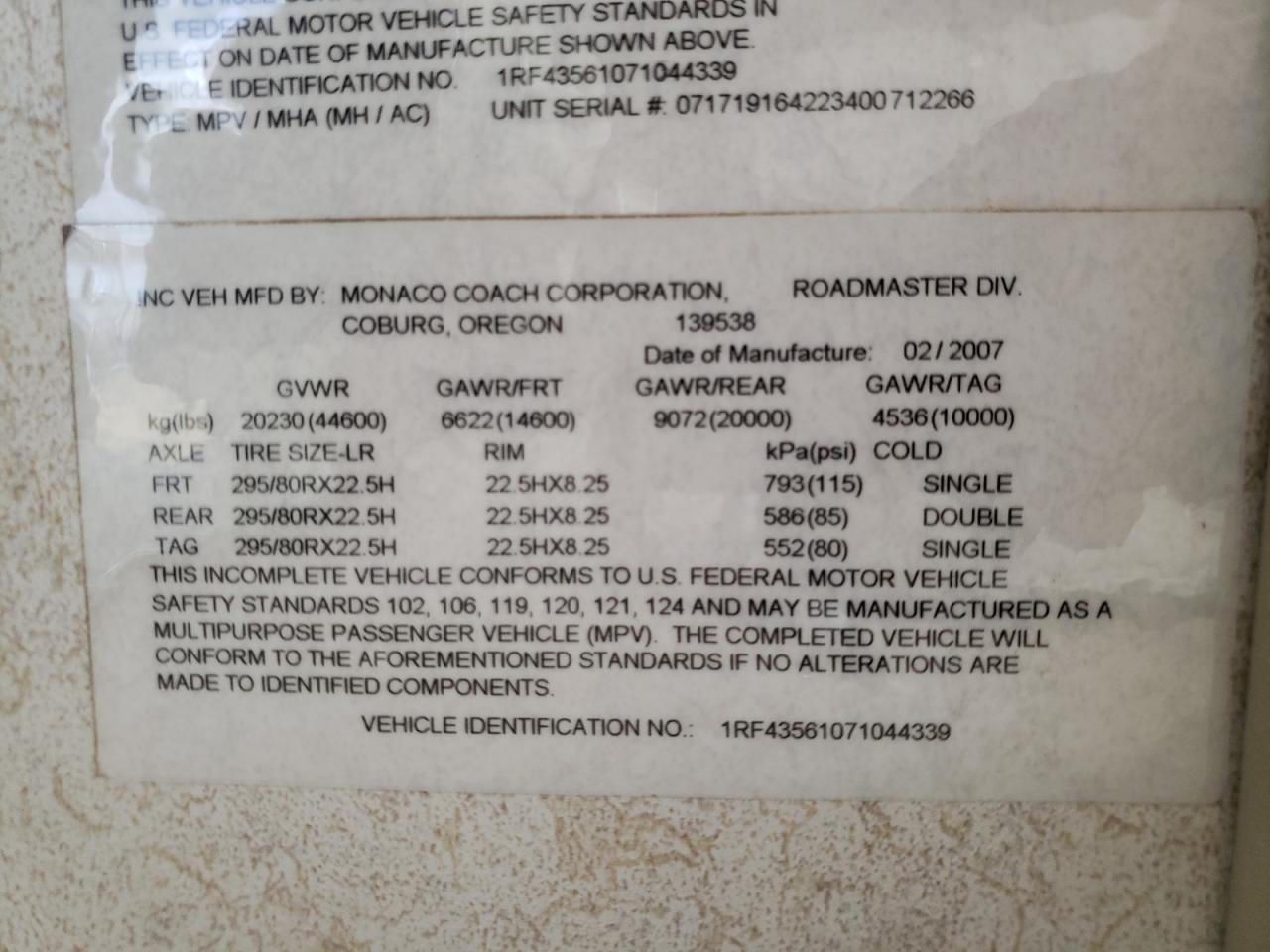 Photo 10 from auction – 2007 ROADMASTER RAIL MTRHM with VIN 1RF43561071044339