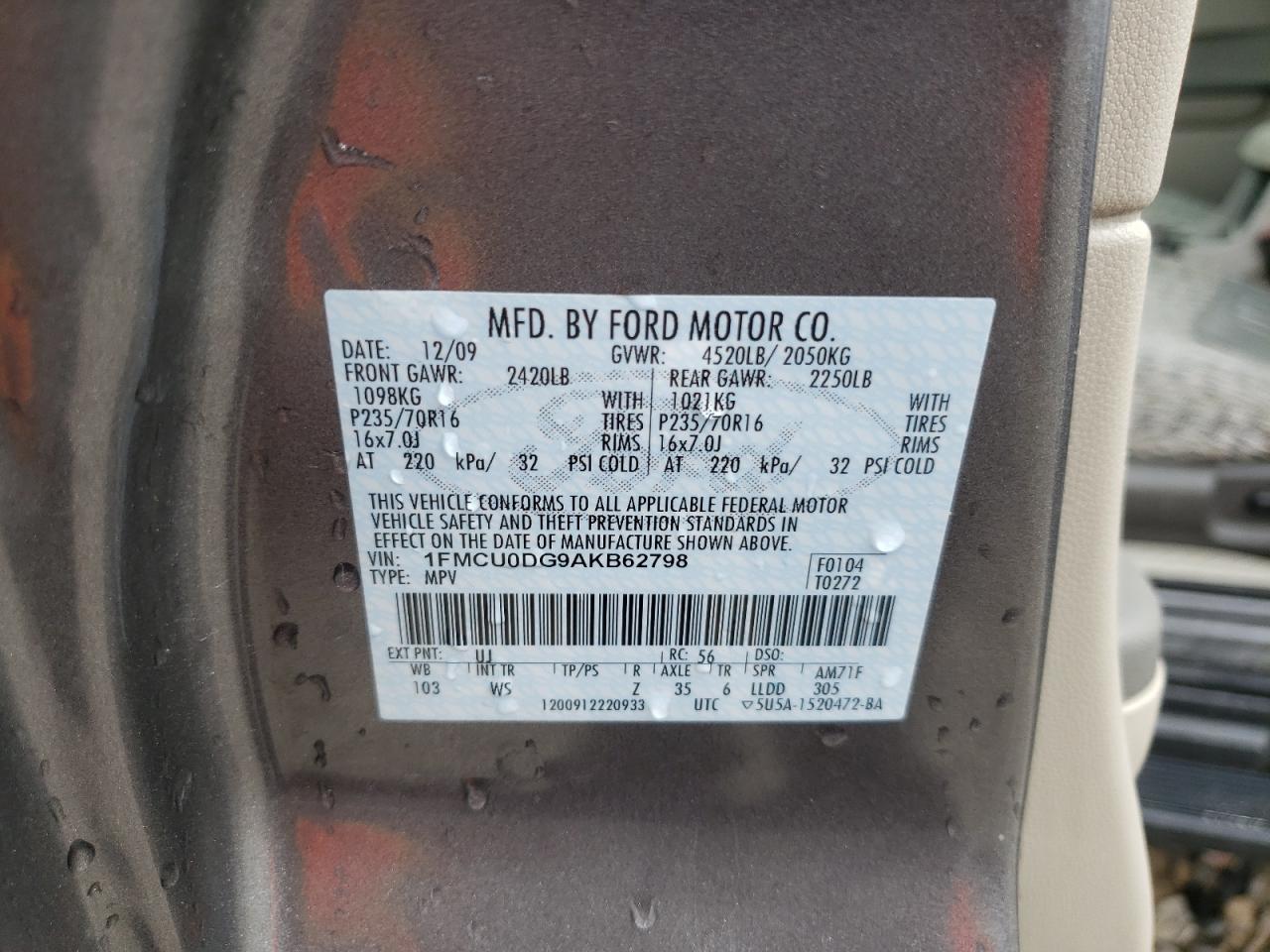 Photo 10 from auction – 2010 FORD ESCAPE XLT with VIN 1FMCU0DG9AKB62798
