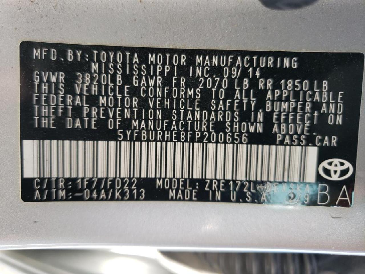 Photo 20 from auction – 2015 TOYOTA COROLLA L with VIN 5YFBURHE8FP200656