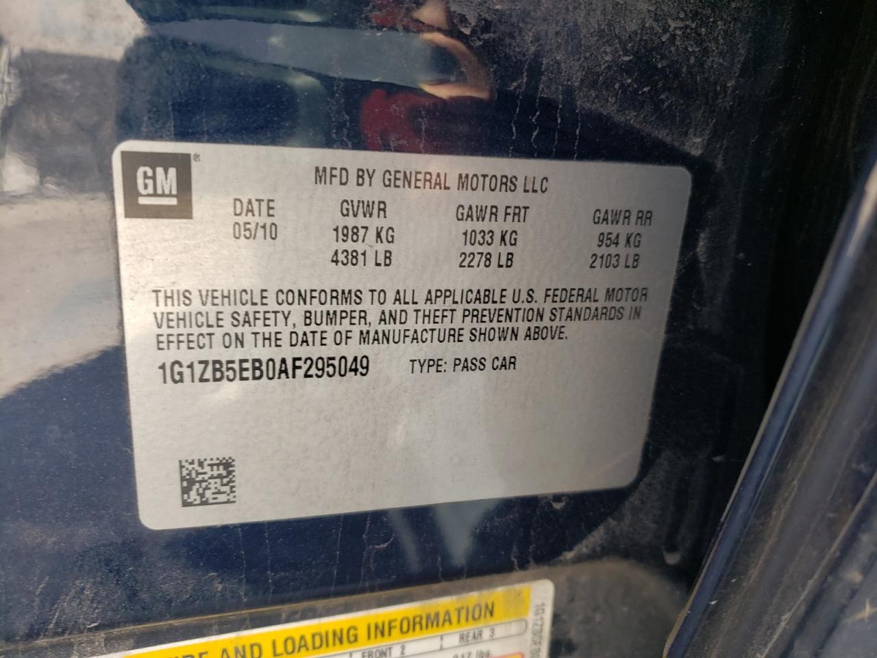Photo 10 from auction – 2010 CHEVROLET MALIBU LS with VIN 1G1ZB5EB0AF295049