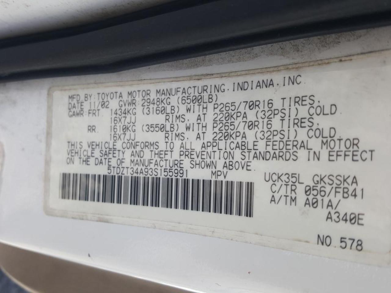 Photo 10 from auction – 2003 TOYOTA SEQUOIA SR with VIN 5TDZT34A93S155991