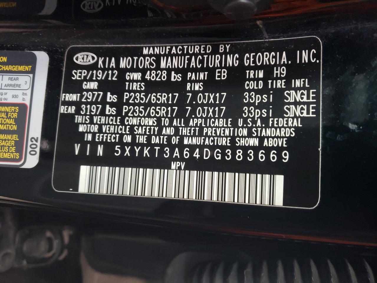 Photo 10 from auction – 2013 KIA SORENTO LX with VIN 5XYKT3A64DG383669
