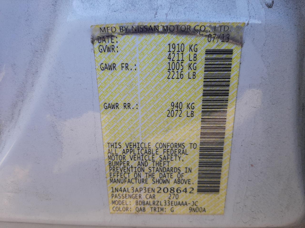 Photo 10 from auction – 2014 NISSAN ALTIMA 2.5 with VIN 1N4AL3AP3EN208642