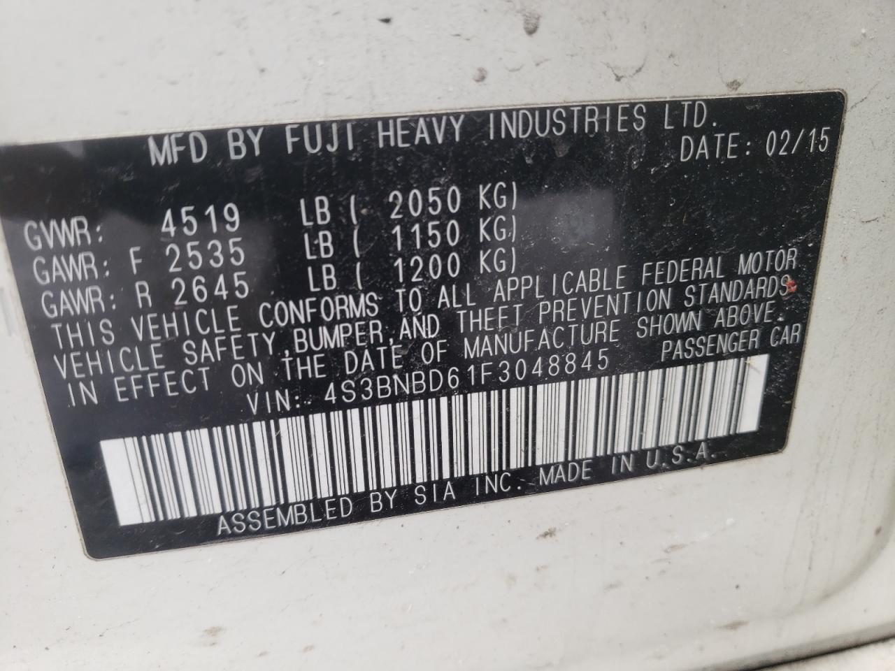 Photo 10 from auction – 2015 SUBARU LEGACY with VIN 4S3BNBD61F3048845