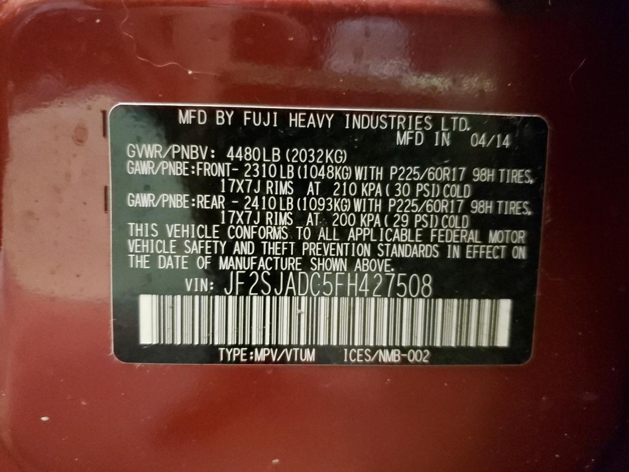 Photo 10 from auction – 2015 SUBARU FORESTER 2 with VIN JF2SJADC5FH427508