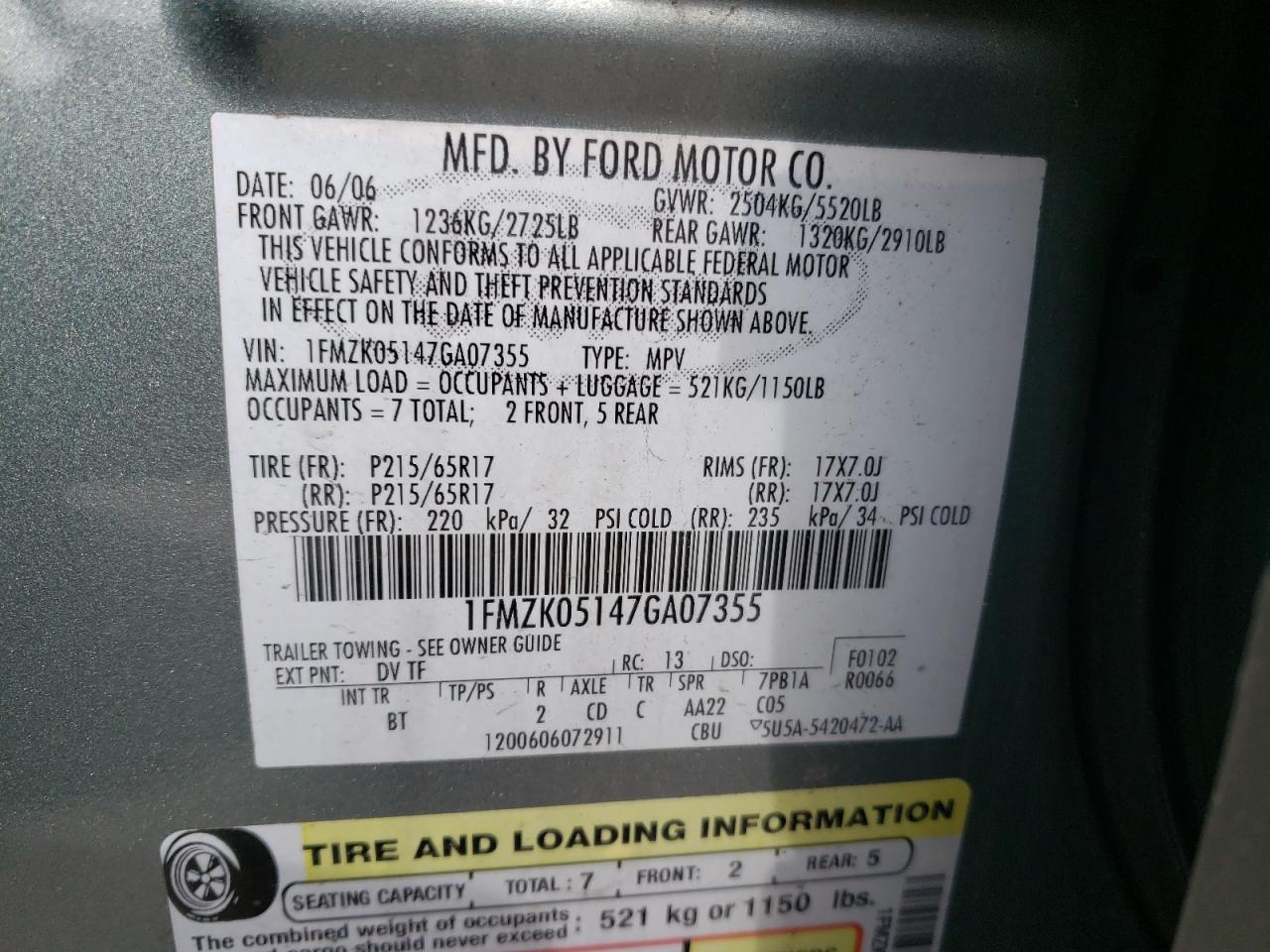 Photo 10 from auction – 2007 FORD FREESTAR with VIN 1FMZK05147GA07355