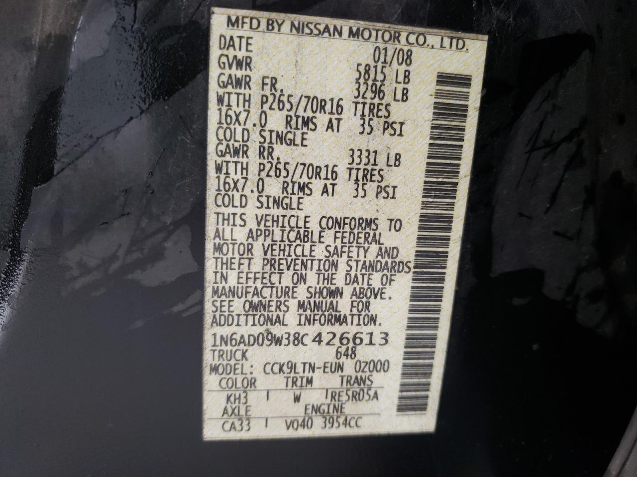 Photo 10 from auction – 2008 NISSAN FRONTIER C with VIN 1N6AD09W38C426613
