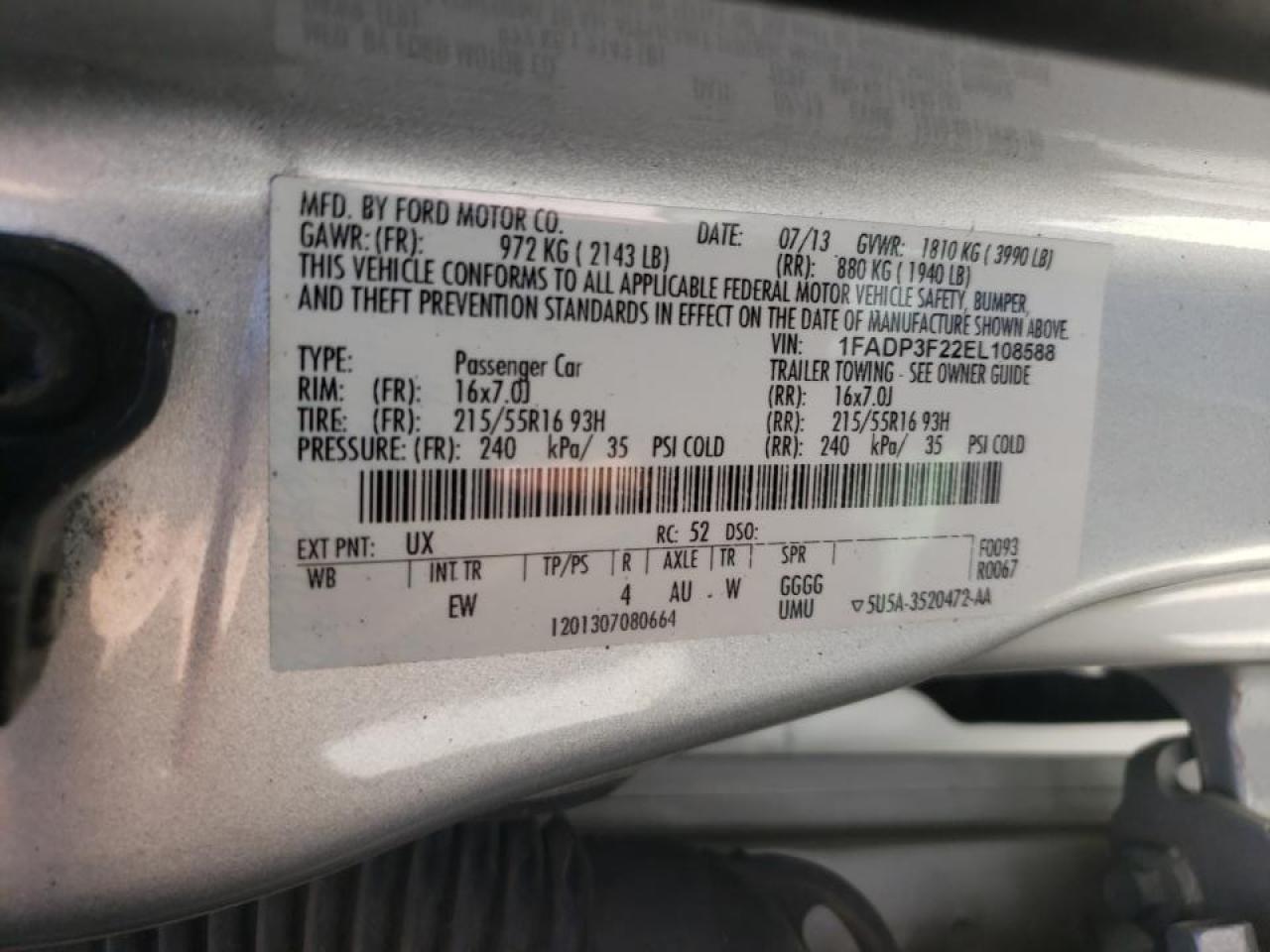 Photo 10 from auction – 2014 FORD FOCUS SE with VIN 1FADP3F22EL108588