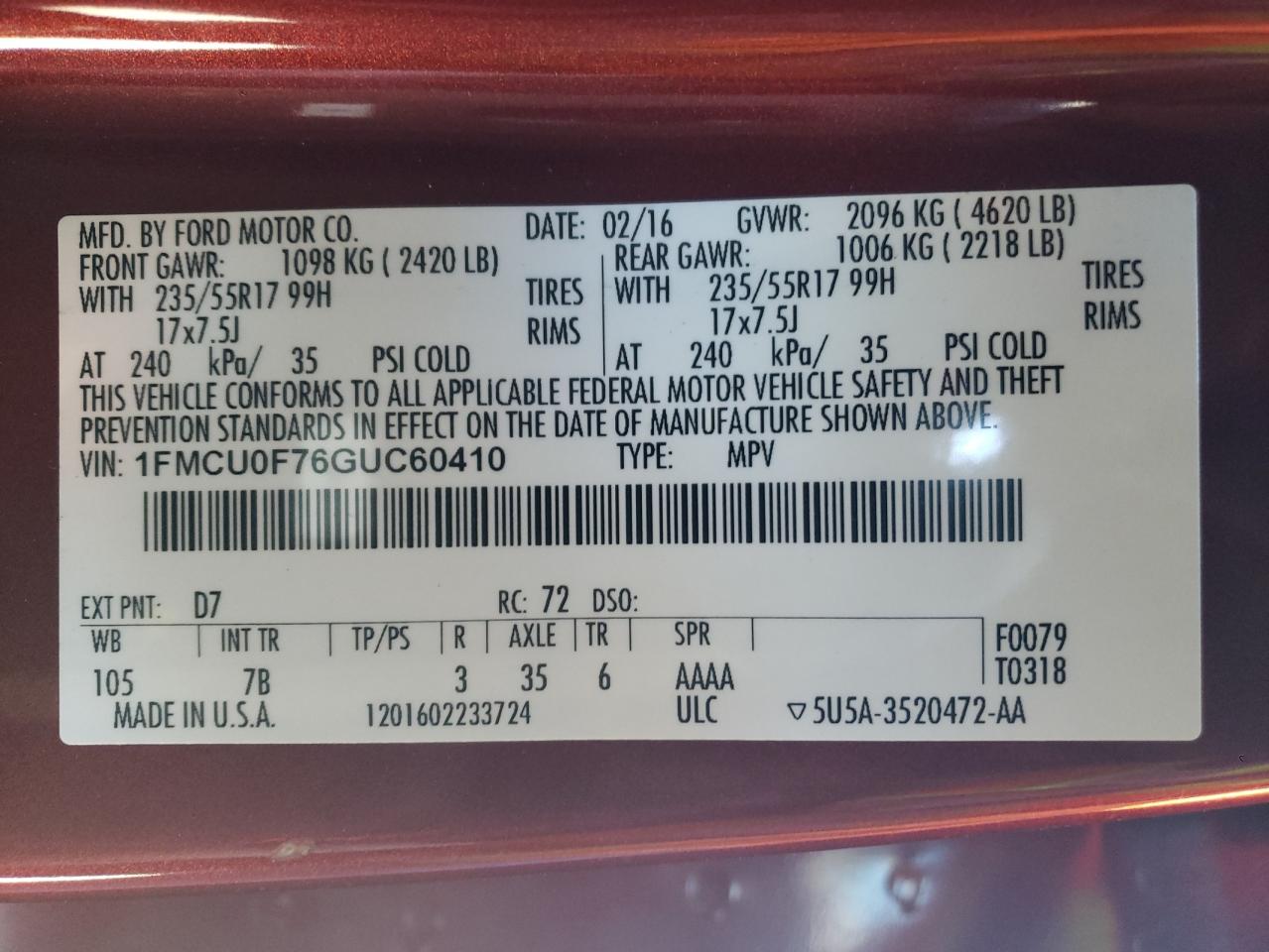 Photo 10 from auction – 2016 FORD ESCAPE S with VIN 1FMCU0F76GUC60410
