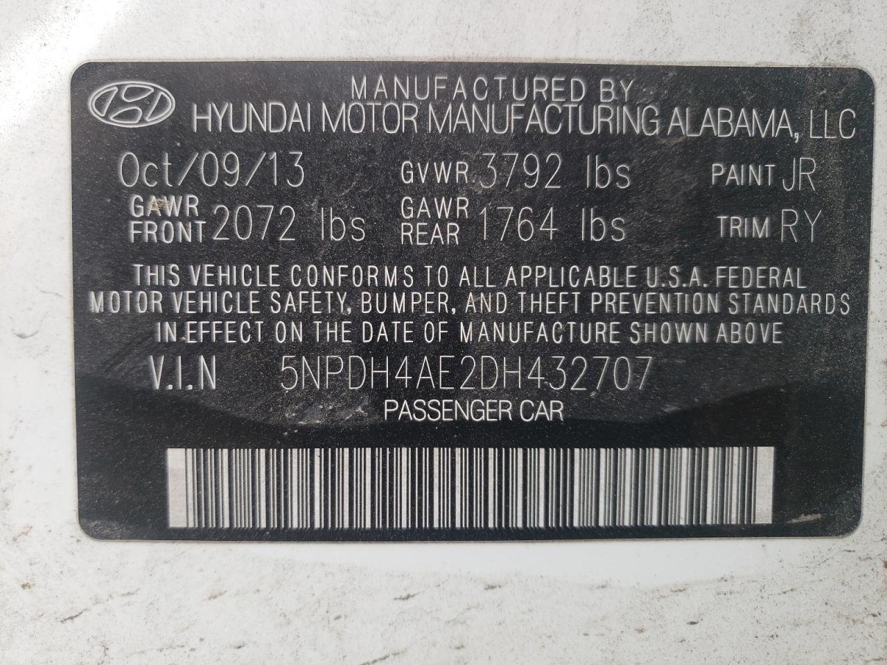 Photo 10 from auction – 2013 HYUNDAI ELANTRA GL with VIN 5NPDH4AE2DH432707