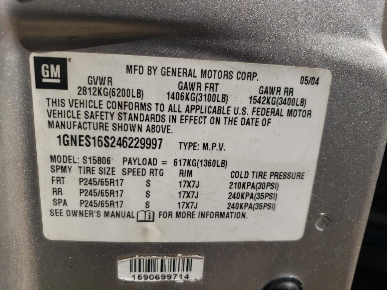 Photo 10 from auction – 2004 CHEVROLET TRAILBLAZE with VIN 1GNES16S246229997