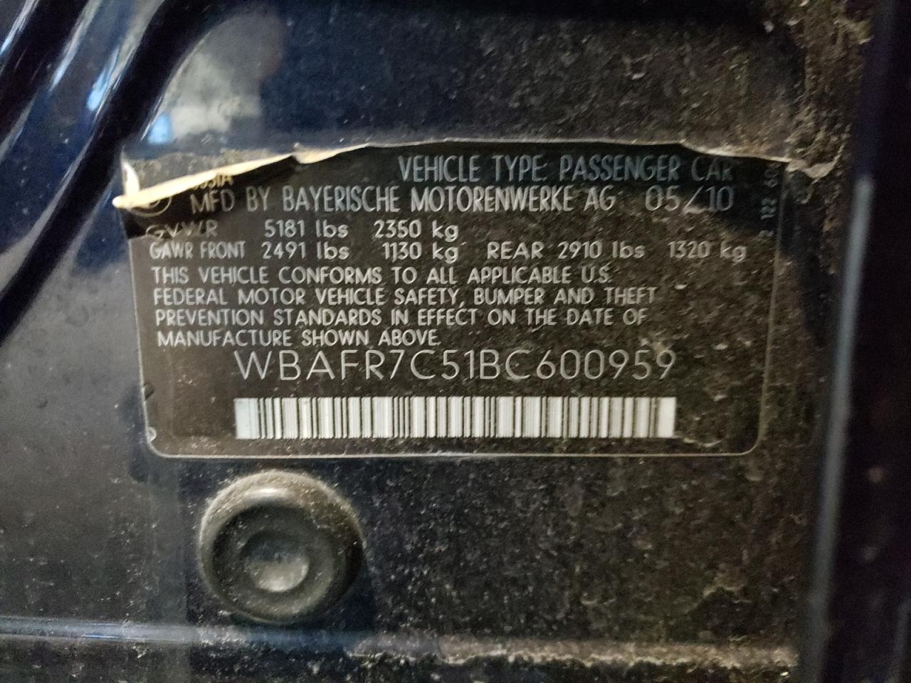 Photo 10 from auction – 2011 BMW 535 I with VIN WBAFR7C51BC600959