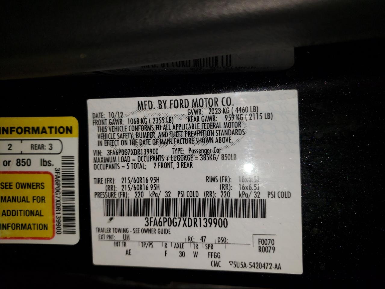 Photo 10 from auction – 2013 FORD FUSION S with VIN 3FA6P0G7XDR139900