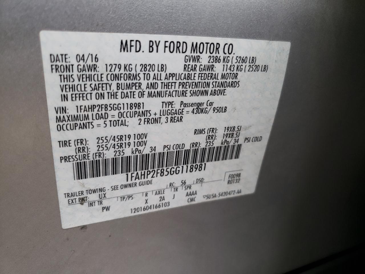 Photo 10 from auction – 2016 FORD TAURUS LIM with VIN 1FAHP2F85GG118981