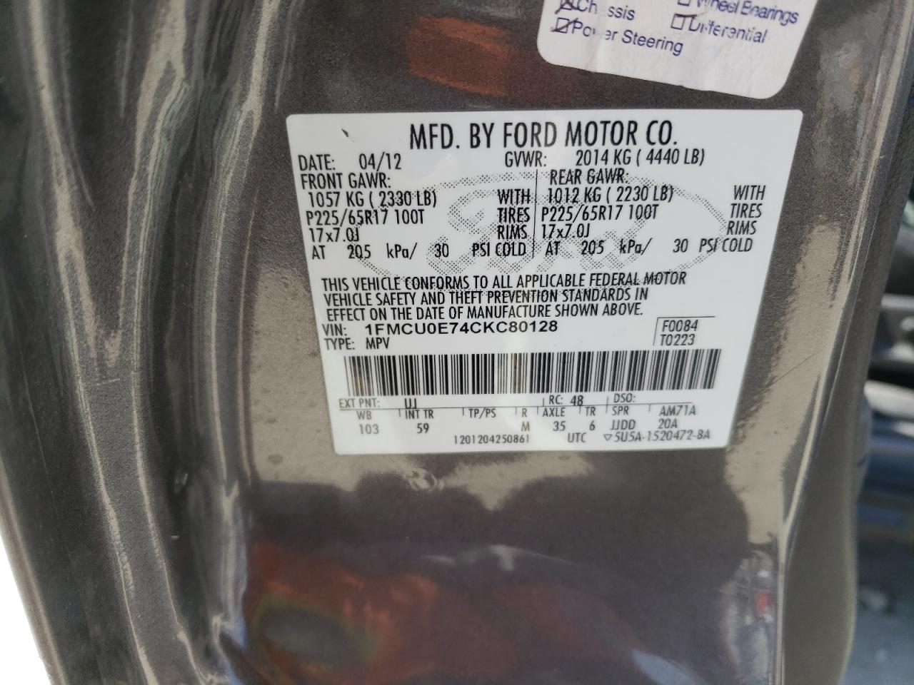 Photo 10 from auction – 2012 FORD ESCAPE LIM with VIN 1FMCU0E74CKC80128