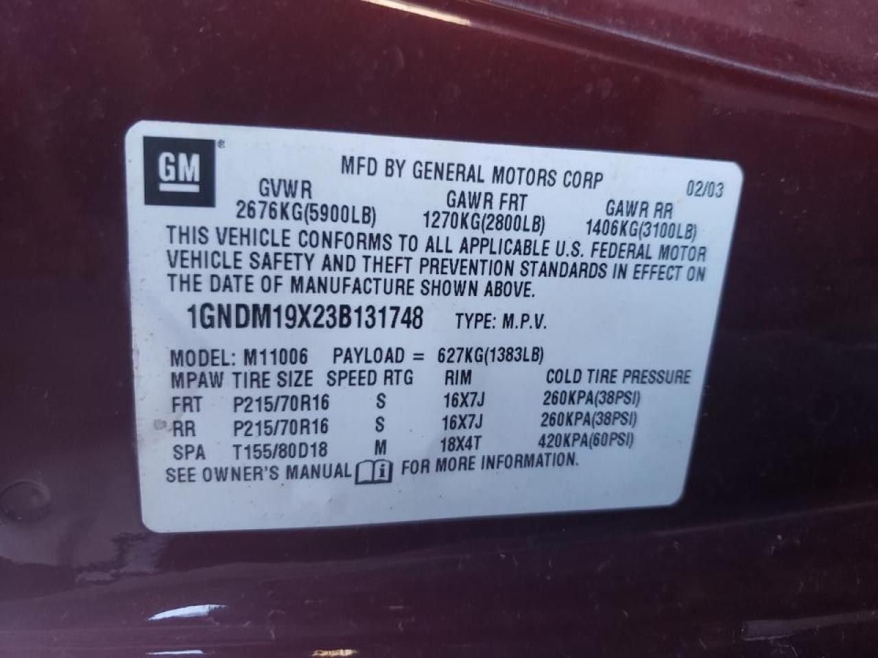 Photo 10 from auction – 2003 CHEVROLET ASTRO with VIN 1GNDM19X23B131748