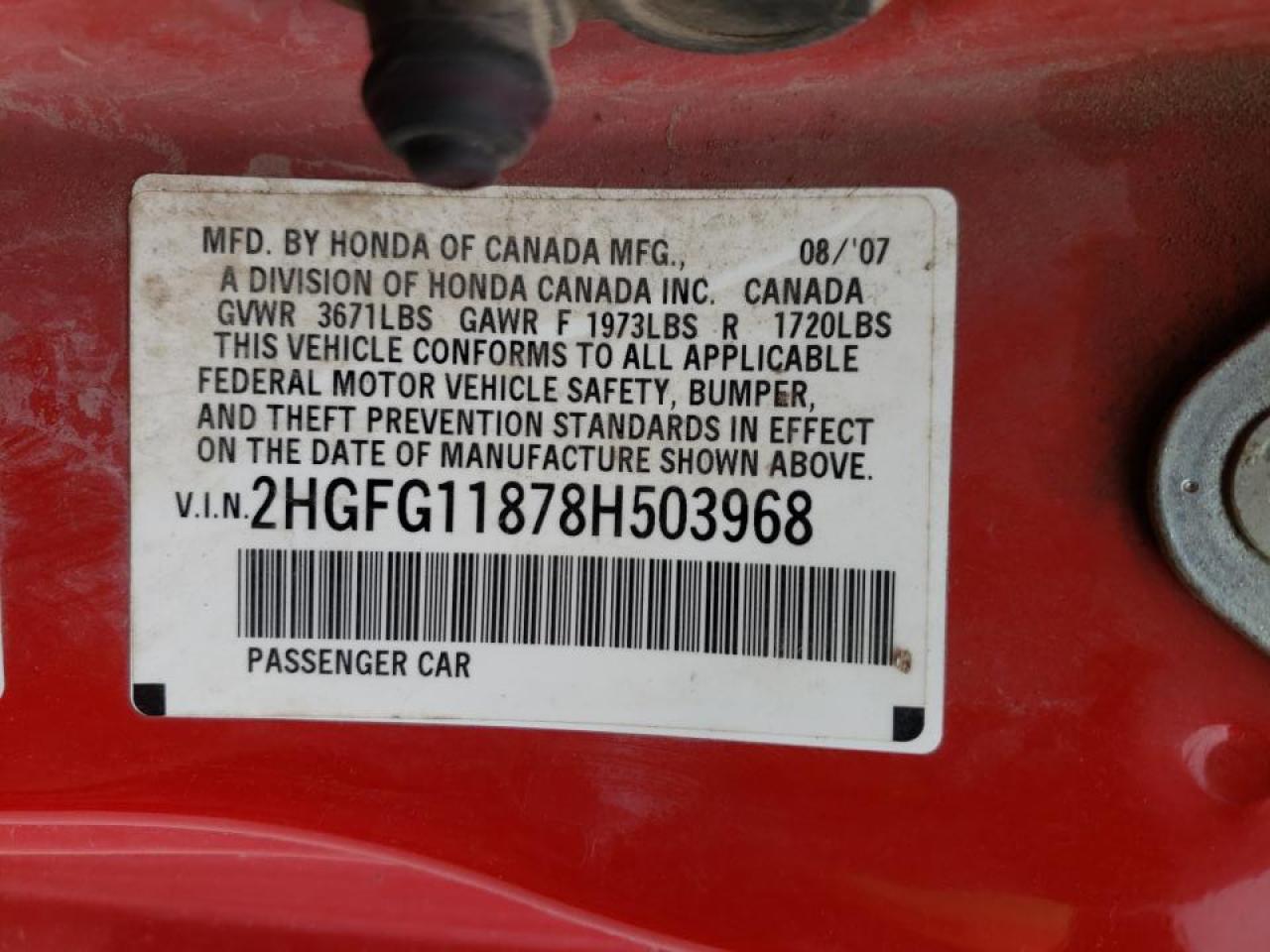 Photo 10 from auction – 2008 HONDA CIVIC EX with VIN 2HGFG11878H503968