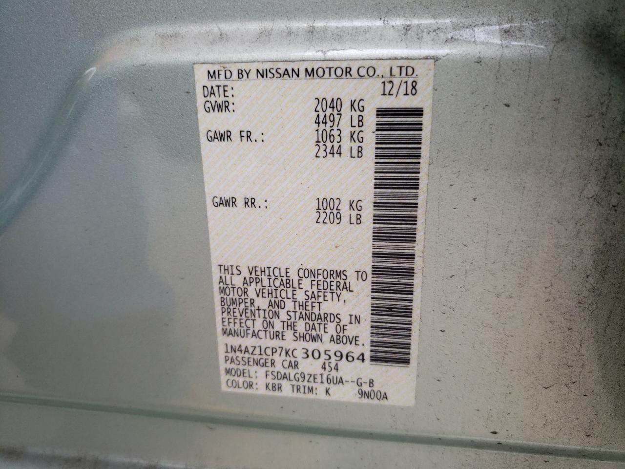 Photo 10 from auction – 2019 NISSAN LEAF S with VIN 1N4AZ1CP7KC305964