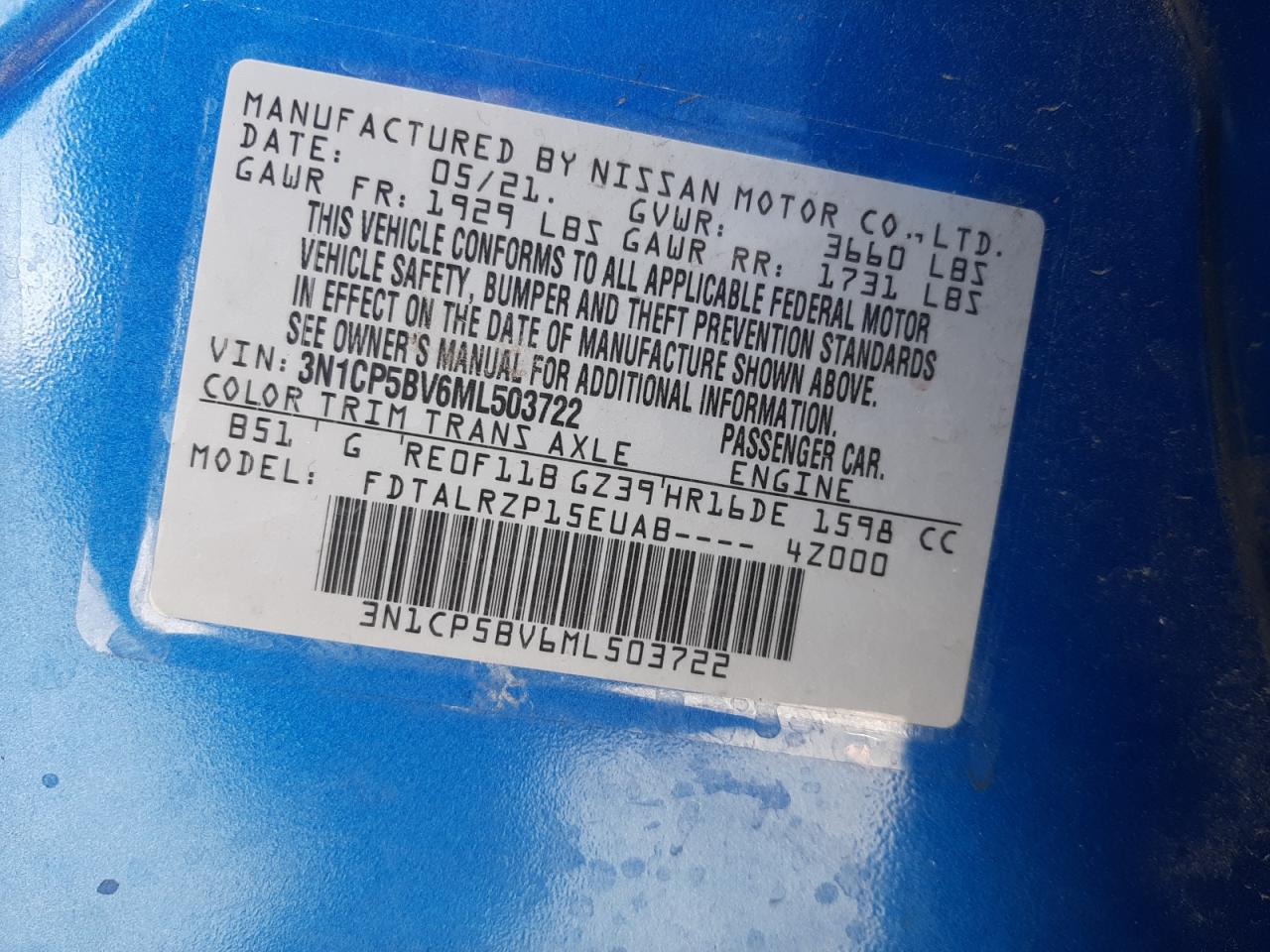 Photo 10 from auction – 2021 NISSAN KICKS S with VIN 3N1CP5BV6ML503722