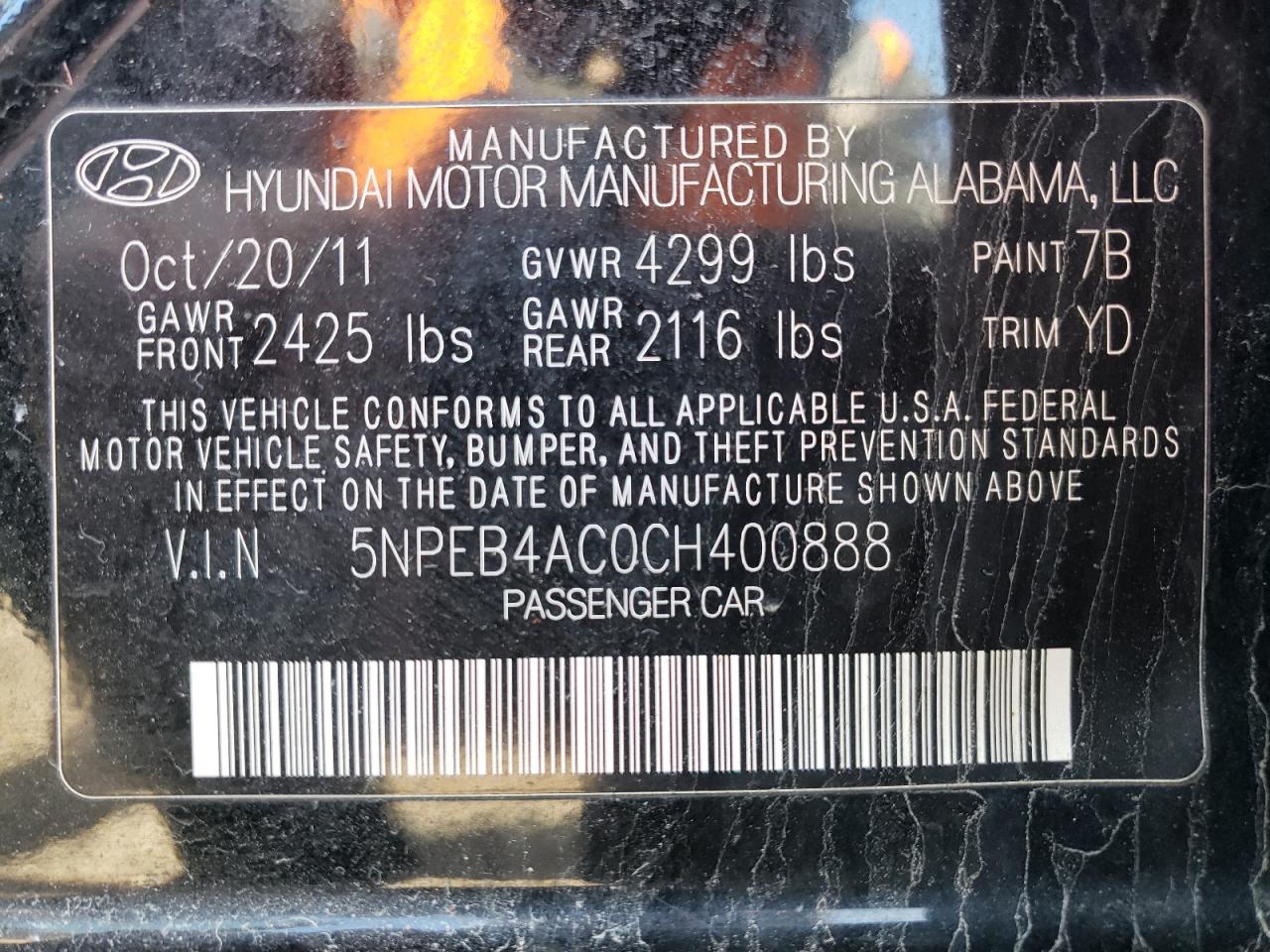 Photo 10 from auction – 2012 HYUNDAI SONATA GLS with VIN 5NPEB4AC0CH400888
