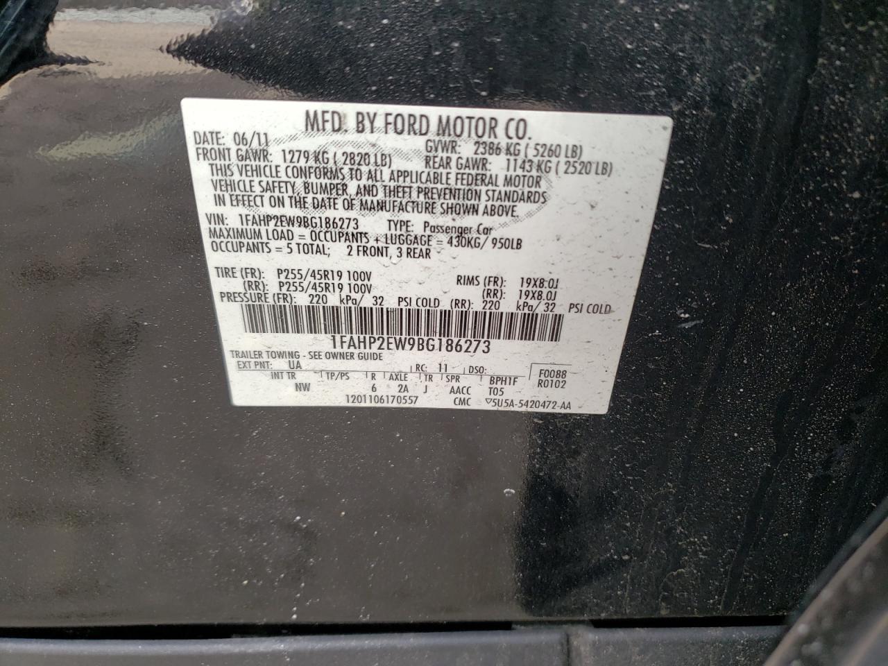 Фото 10 с аукциона – 2011 FORD TAURUS SEL с VIN 1FAHP2EW9BG186273