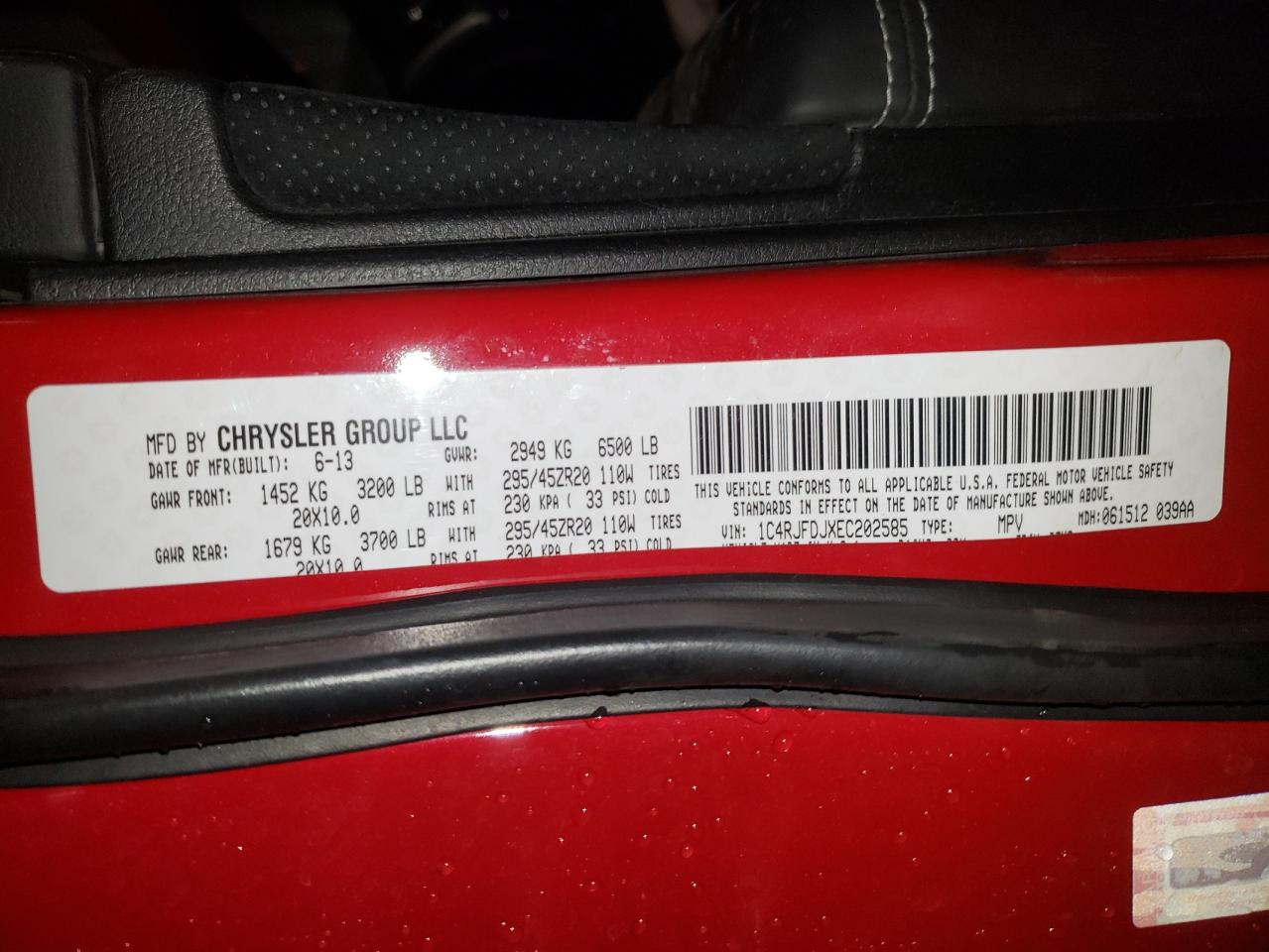 Photo 10 from auction – 2014 JEEP GRAND CHER with VIN 1C4RJFDJXEC202585
