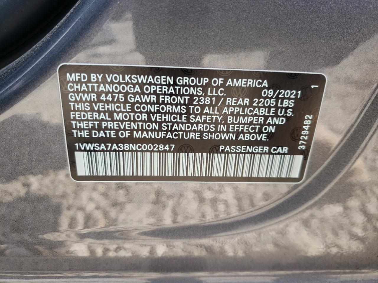 Photo 10 from auction – 2022 VOLKSWAGEN PASSAT with VIN 1VWSA7A38NC002847