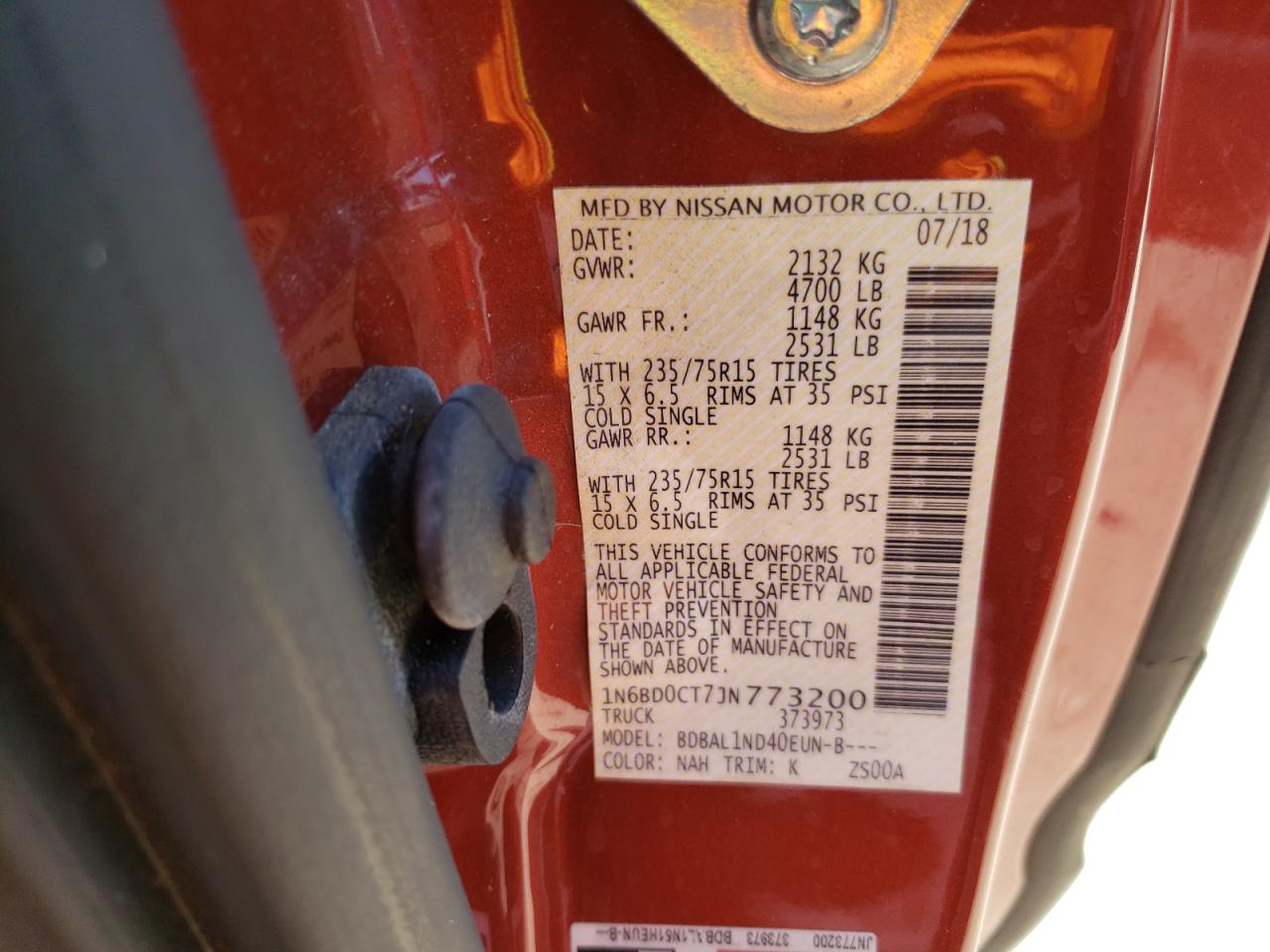 Photo 10 from auction – 2018 NISSAN FRONTIER S with VIN 1N6BD0CT7JN773200