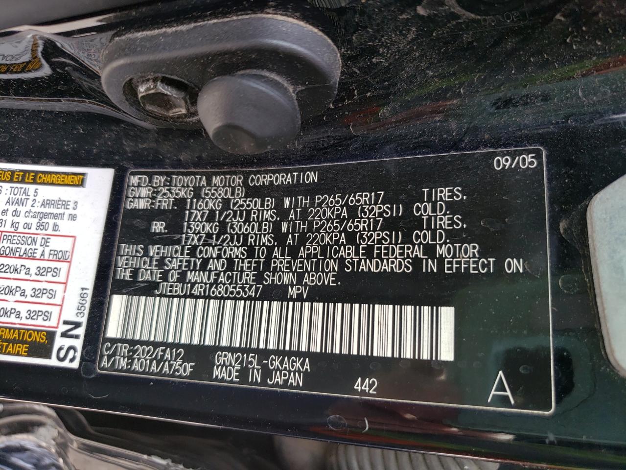 Photo 10 from auction – 2006 TOYOTA 4RUNNER SR with VIN JTEBU14R168055347
